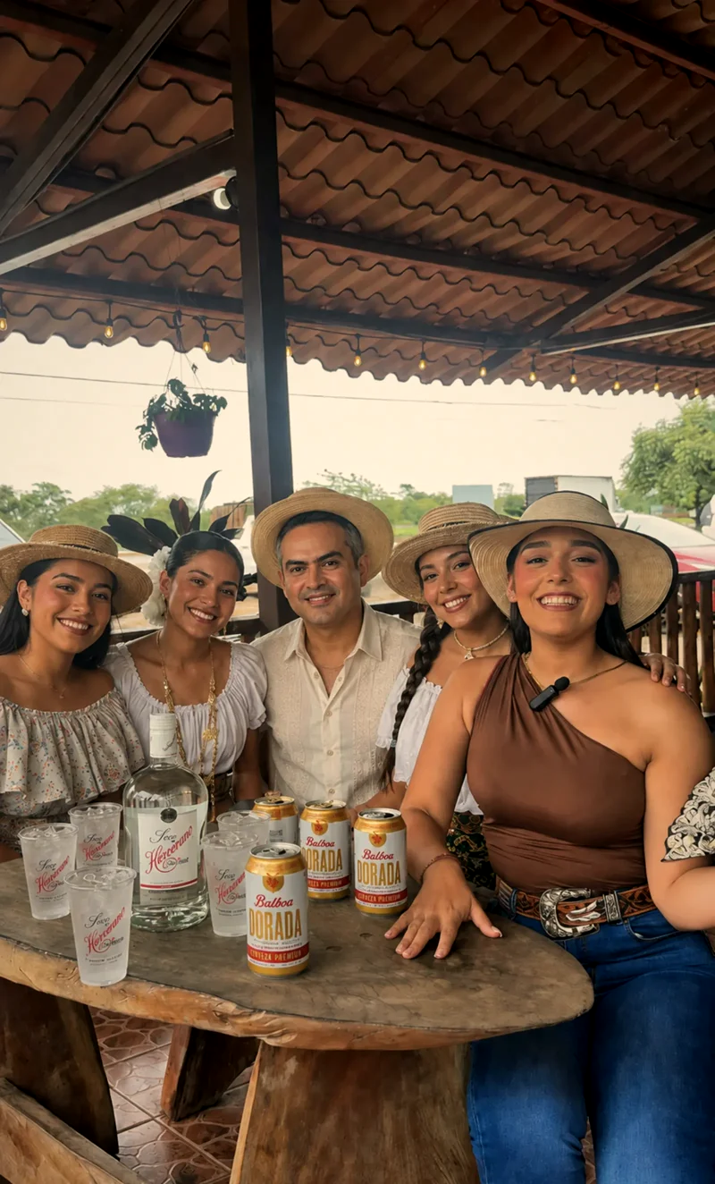 Grupo celebrando con bebidas de marca en traje típico