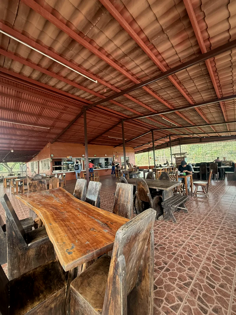Mesa de madera maciza con canto natural en primer plano, comedor al fondo